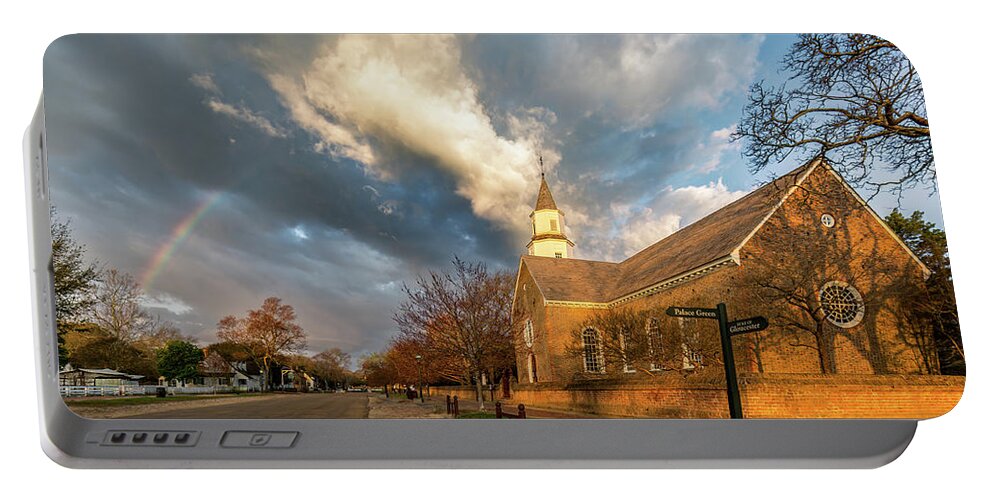 Colonial Williamsburg Portable Battery Charger featuring the photograph Bruton Parish Rainbow by Rachel Morrison