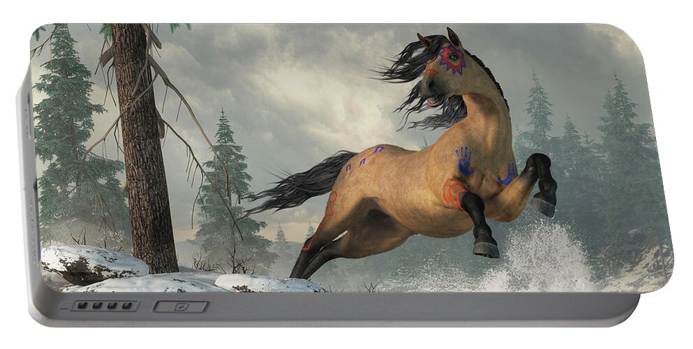 Buckskin Portable Battery Charger featuring the digital art Buckskin War Horse by Daniel Eskridge