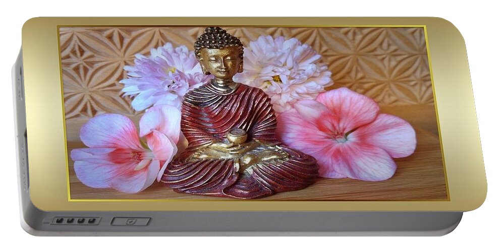 Buddha Portable Battery Charger featuring the photograph Buddha and Flowers by Nancy Ayanna Wyatt
