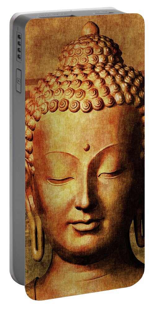Buddha Portable Battery Charger featuring the mixed media Buddha - Golden Tranquility by Studio Grafiikka