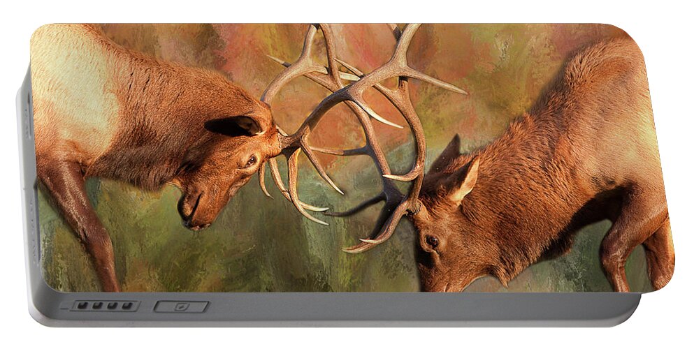 'estes Park' Portable Battery Charger featuring the photograph Bull Elk Sparring In The Mix by James BO Insogna