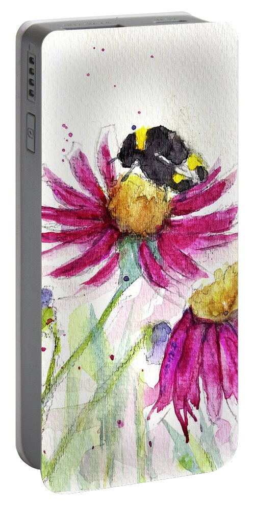 Bee Painting Portable Battery Charger featuring the painting Bumble Bee in the Coneflowers by Roxy Rich