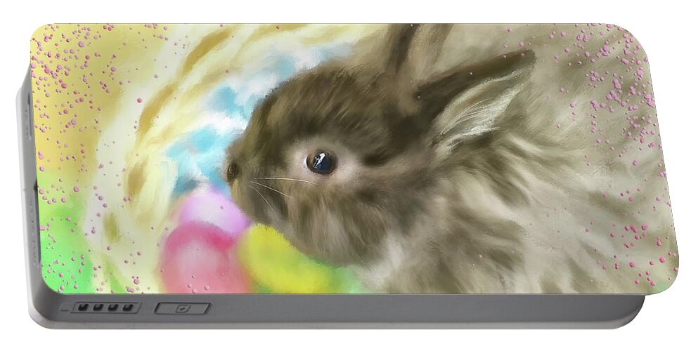 Animal Portable Battery Charger featuring the digital art Bunny In A Basket by Lois Bryan