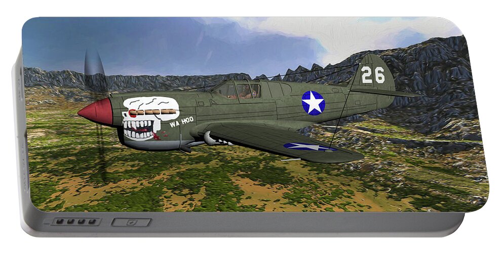 Curtis P-40e Warhawk Portable Battery Charger featuring the digital art Burma Banshees Warhawk - Oil by Tommy Anderson