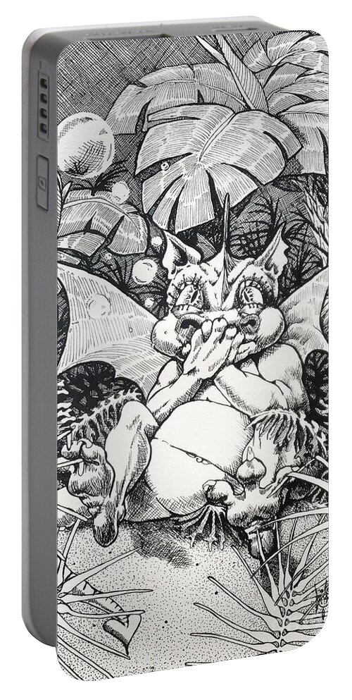 Dragon Portable Battery Charger featuring the drawing Burping Dragon by Merana Cadorette