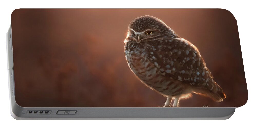 Burrowing Owl Photography Orange Sunset Beautiful Light Portable Battery Charger featuring the photograph Burrowing Owl In Orange by Jami Bollschweiler