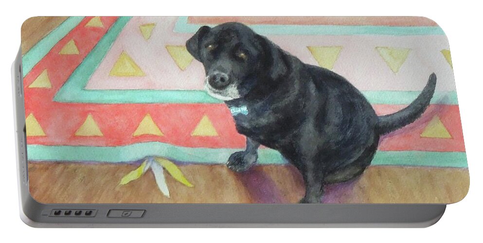 Black Lab Portable Battery Charger featuring the painting Busted by Phyllis Andrews