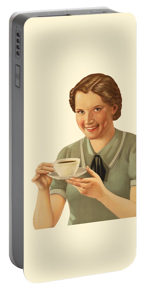Coffee Portable Battery Charger featuring the digital art But First Coffee by Madame Memento