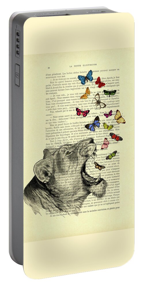 Lion Portable Battery Charger featuring the digital art Butterflies lioness book page art print by Madame Memento