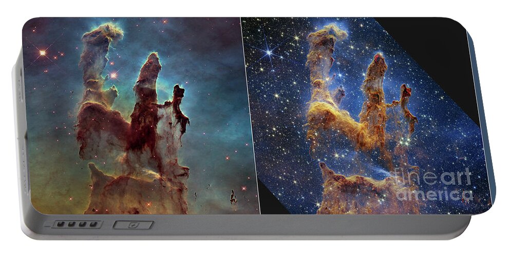 August Portable Battery Charger featuring the photograph Pillars of Creation, JWST and Hubble images by Science Photo Library