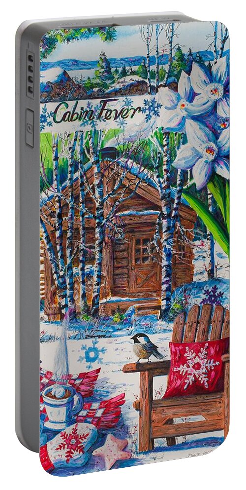 Log Cabin Portable Battery Charger featuring the painting Cabin Fever by Diane Phalen