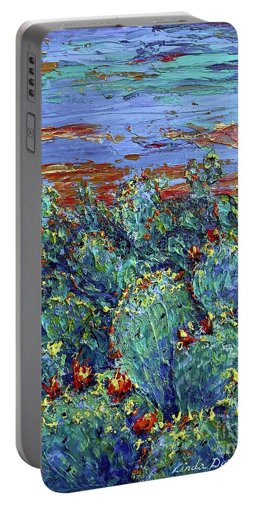 Cactus Portable Battery Charger featuring the painting Cactus Crowd @ Desert Performance by Linda Donlin