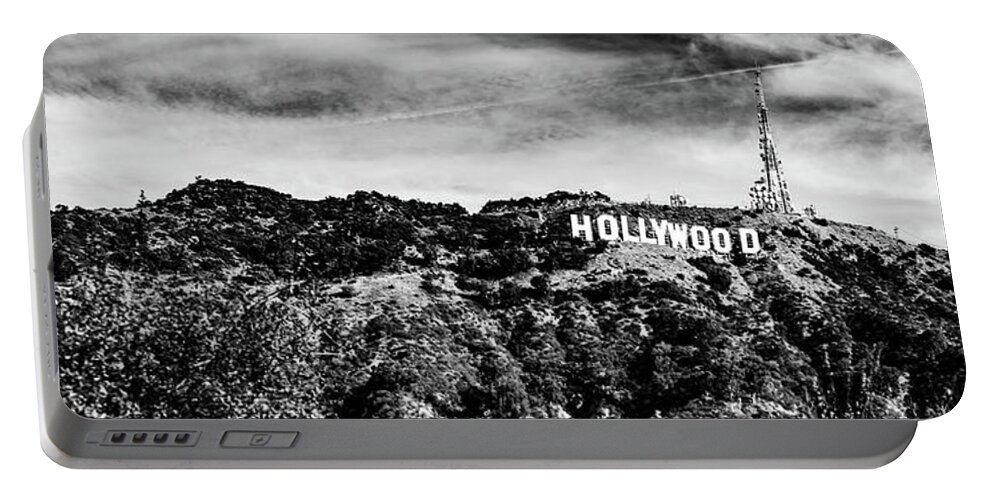 Hollywood Sign Portable Battery Charger featuring the photograph California Hollywood Hills Sign Black and White Panoramic by Gregory Ballos