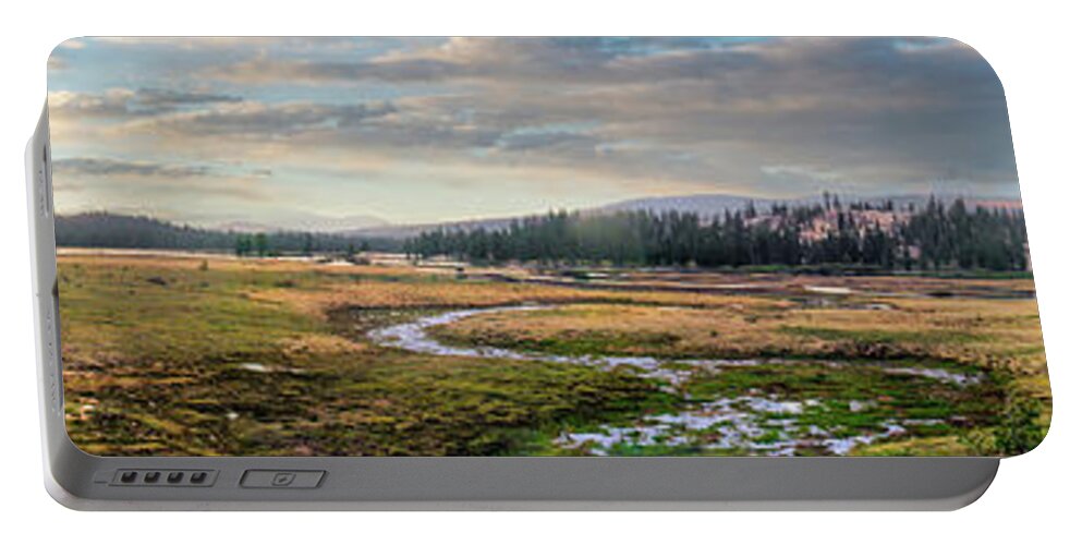 California Portable Battery Charger featuring the photograph California Mountains Tioga Meadow Stream panorama by Dan Carmichael