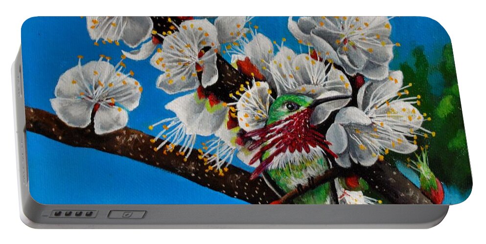 Birds Portable Battery Charger featuring the painting Calliope on Plum Blossoms by Dana Newman