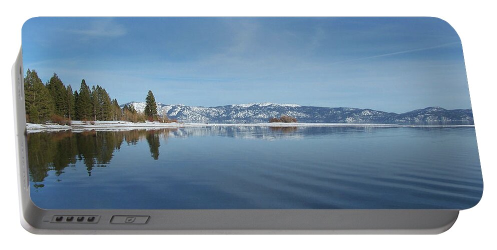 #california #laketahoe #southlaketahoe #calm #reflection #winter #vacation #peaceful #morning Portable Battery Charger featuring the photograph Calm Morning at Tahoe by Charles Vice