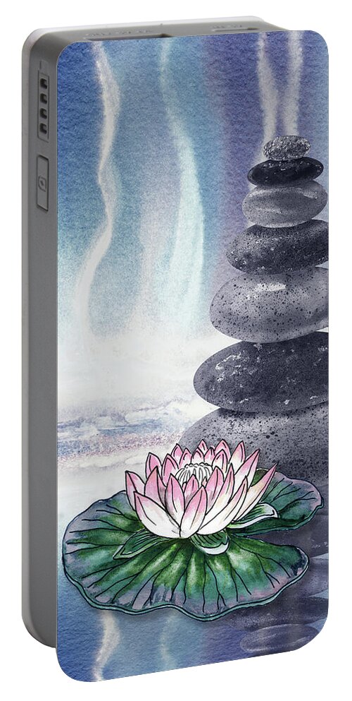 Zen Rocks Portable Battery Charger featuring the painting Calm Peaceful Relaxing Zen Rocks Cairn With Flower Meditative Spa Collection Watercolor Art VIII by Irina Sztukowski