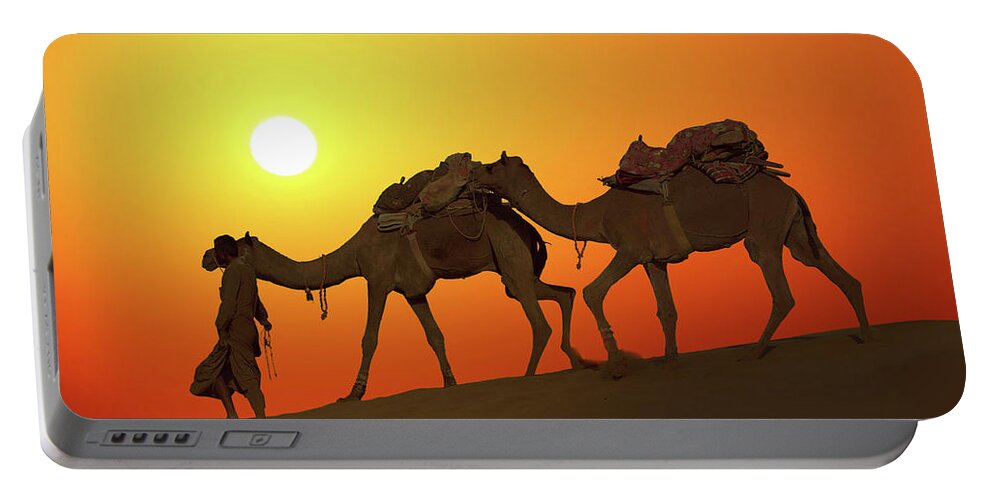 Camel Portable Battery Charger featuring the photograph Cameleerand Camels - Silhouette Against Sunset by Mikhail Kokhanchikov