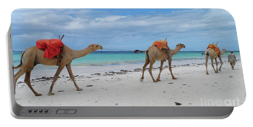 Beach Portable Battery Charger featuring the photograph Camels crossing a white beach in Mombasa, Kenya by Mendelex Photography