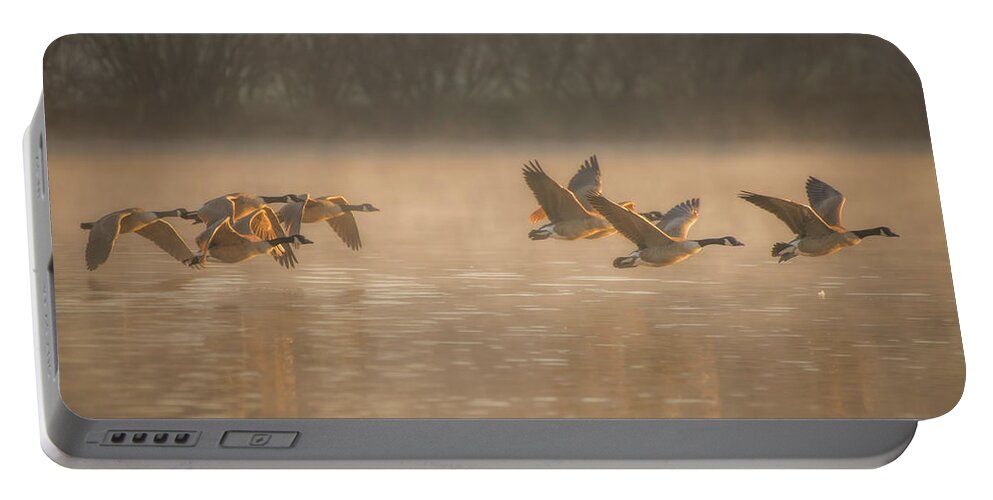 Blue Ridge Parkway Portable Battery Charger featuring the photograph Canada Geese on a Foggy Morning by Robert J Wagner