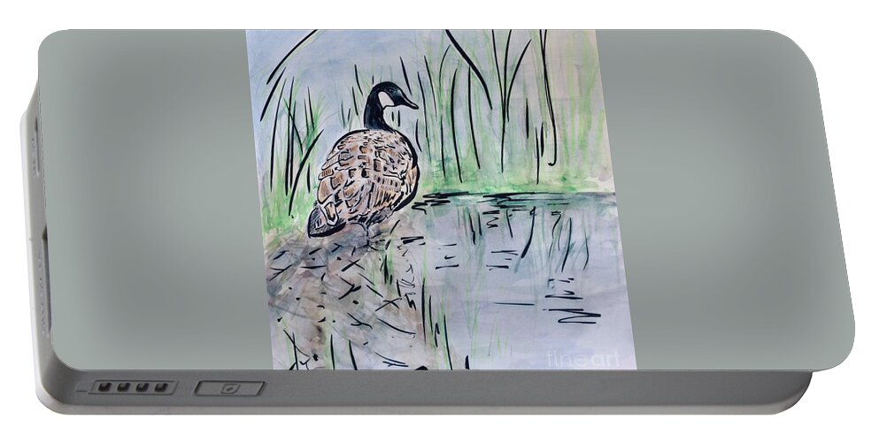 Canada Goose Portable Battery Charger featuring the painting Canada Goose by Waterside by Maxie Absell