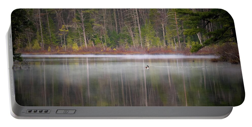 Nature Portable Battery Charger featuring the photograph Canada Goose on a Misty Swift River Morning by William Dickman