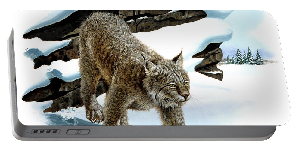 Wildlife Portable Battery Charger featuring the painting Canada Lynx and Red Oak by Don Balke