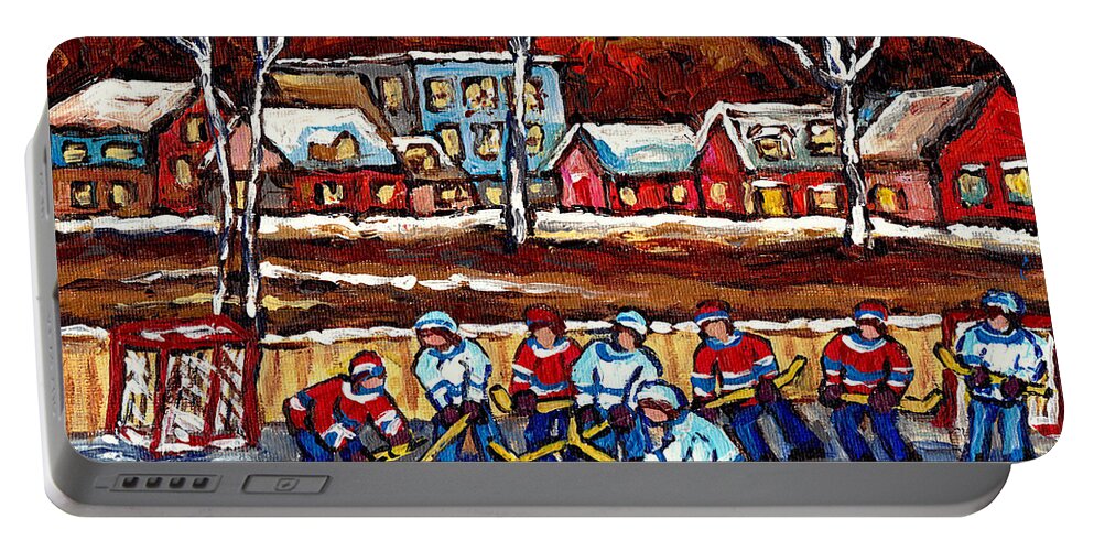 Hockey Portable Battery Charger featuring the painting Canadian Village Scene Outdoor Hockey Rink Handpainted Original Art For Sale C Spandau Winter Scenes by Carole Spandau