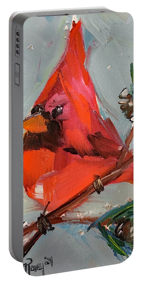Cardinal Portable Battery Charger featuring the painting Cardinal in a Fir Tree by Roxy Rich