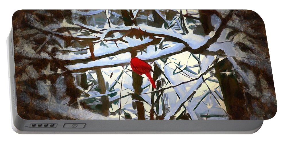 Cardinal Portable Battery Charger featuring the mixed media Cardinal in the Snowy Trees by Christopher Reed