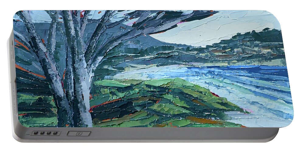 Monterey Portable Battery Charger featuring the painting Carmel Beach by PJ Kirk