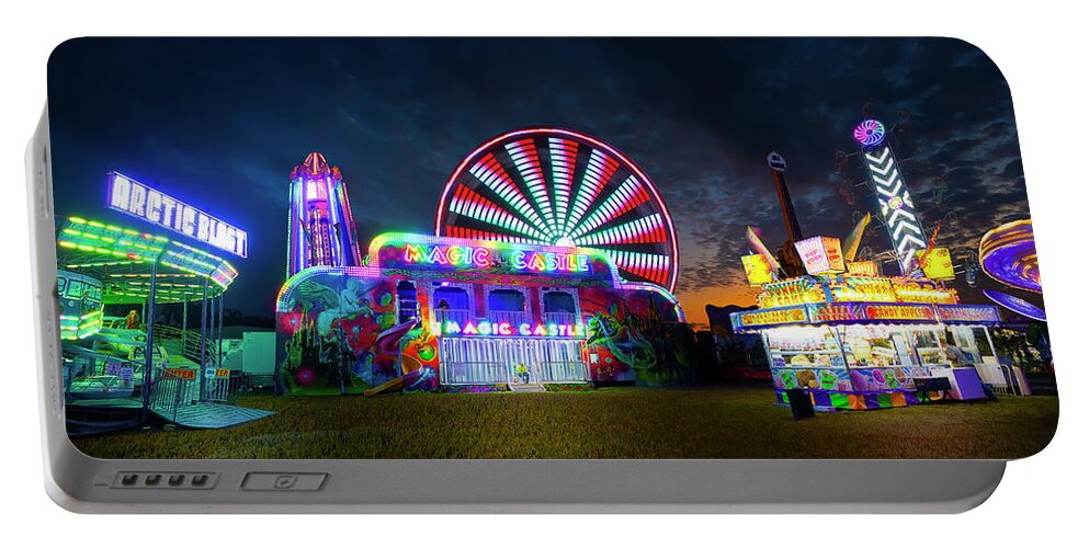 Swing Ride Portable Battery Charger featuring the photograph Carnival Lights and Midway Delights - Standard Version by Mark Andrew Thomas