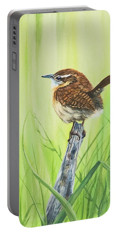 Nature Portable Battery Charger featuring the painting Carolina Wren by Linda Shannon Morgan