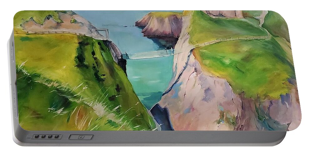 Landscape Portable Battery Charger featuring the painting Carrick-a-Rede Rope Bridge by Sheila Romard