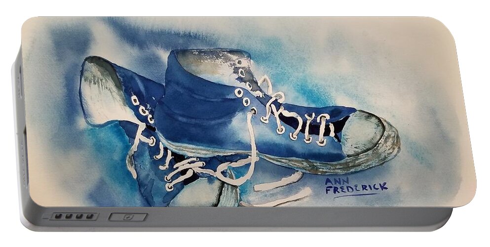 Hightops Portable Battery Charger featuring the painting Carson's Shoes by Ann Frederick