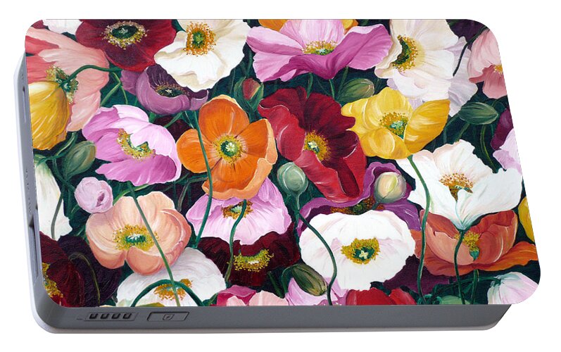  Flower Painting Floral Painting Poppy Painting Icelandic Poppies Painting Botanical Painting Original Oil Paintings Greeting Card Painting Portable Battery Charger featuring the painting Cascade Of Poppies by Karin Dawn Kelshall- Best