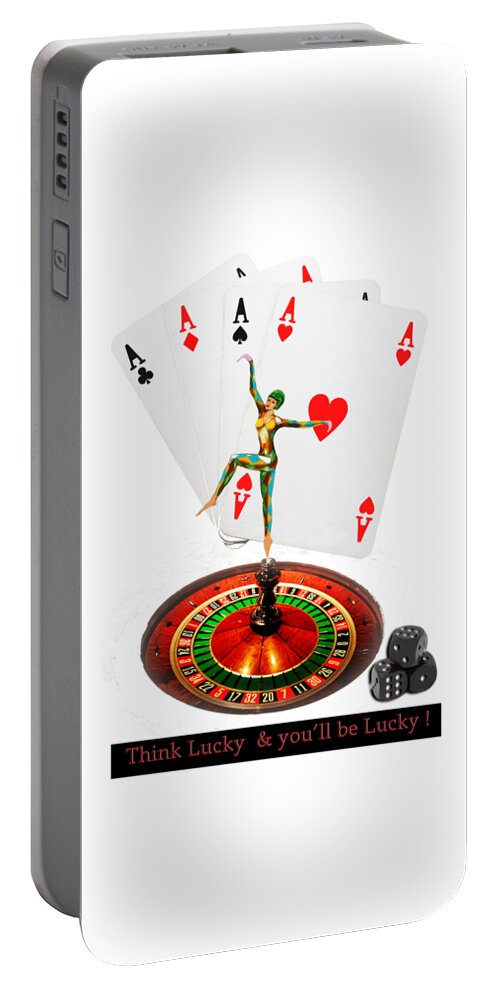 Dance Portable Battery Charger featuring the mixed media Casino Cards , Roulette, Dice , With Lady Luck Design by Tom Conway