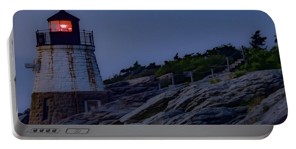 Castle Hill Lighthouse Portable Battery Charger featuring the photograph Castle Hill Lighthouse on the rocks by Christina McGoran