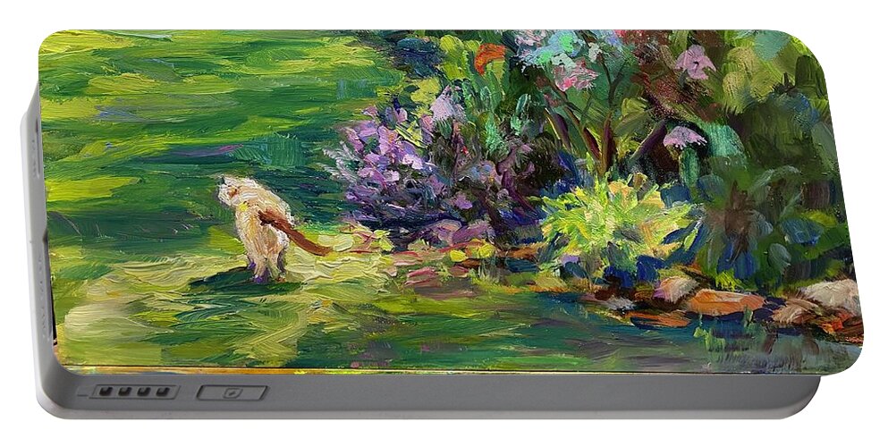 Cat Portable Battery Charger featuring the painting Cat in the Garden by Madeleine Shulman