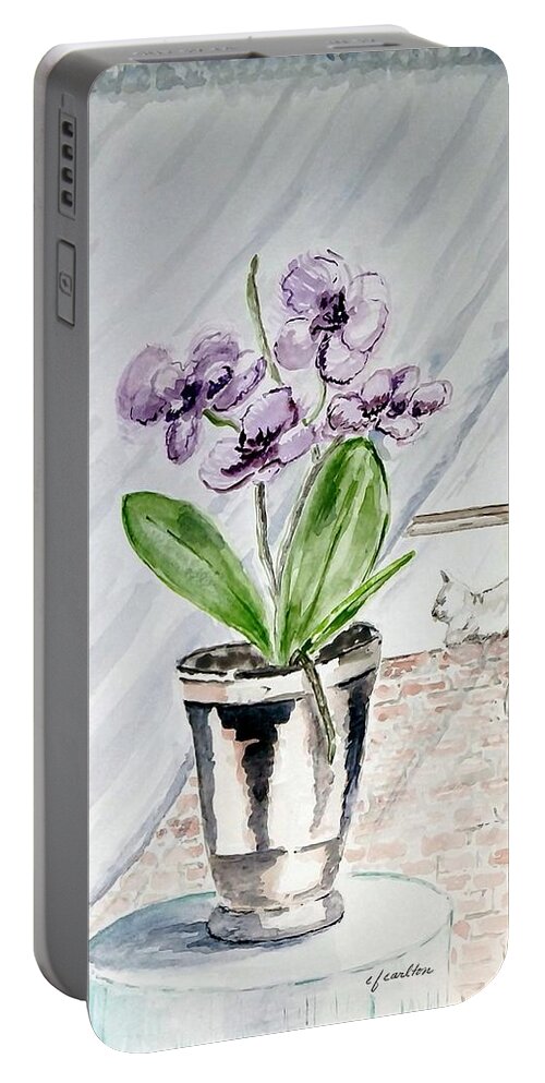 Still Life Portable Battery Charger featuring the painting Cat through the Window by Claudette Carlton