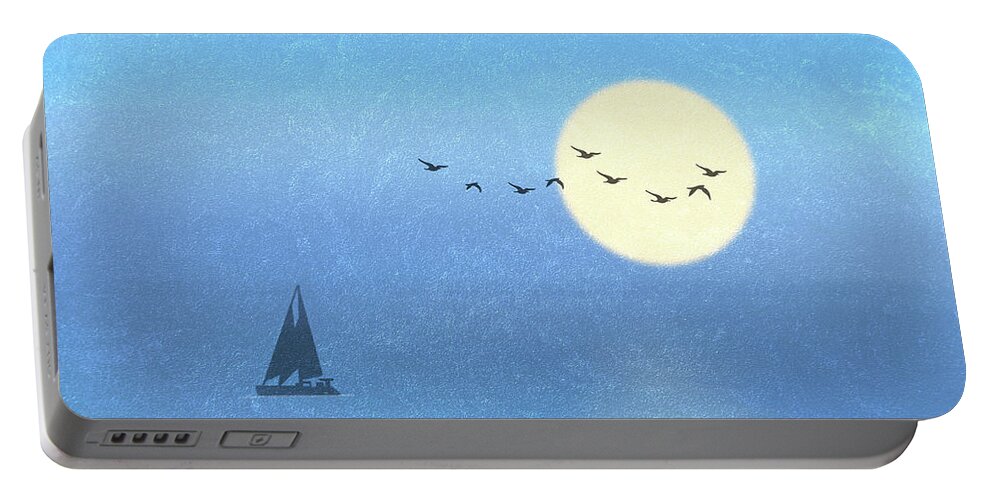 Sailboat Portable Battery Charger featuring the photograph Catamaran Sailing Under a Full Moon on Blue Texture by Patti Deters
