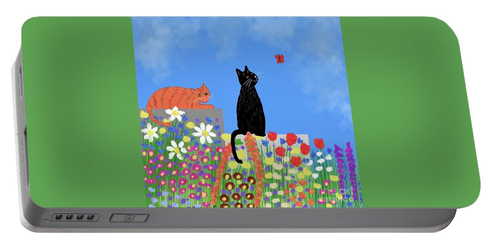 Flowers Galore Portable Battery Charger featuring the digital art Cats watching butterfly by Elaine Hayward