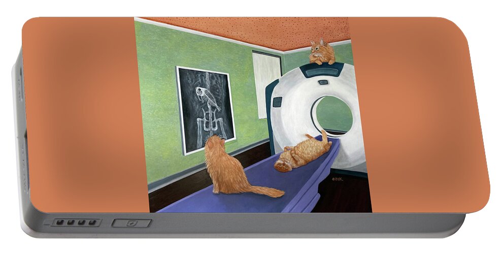 Cat Art Portable Battery Charger featuring the painting CAT Scan by Karen Zuk Rosenblatt