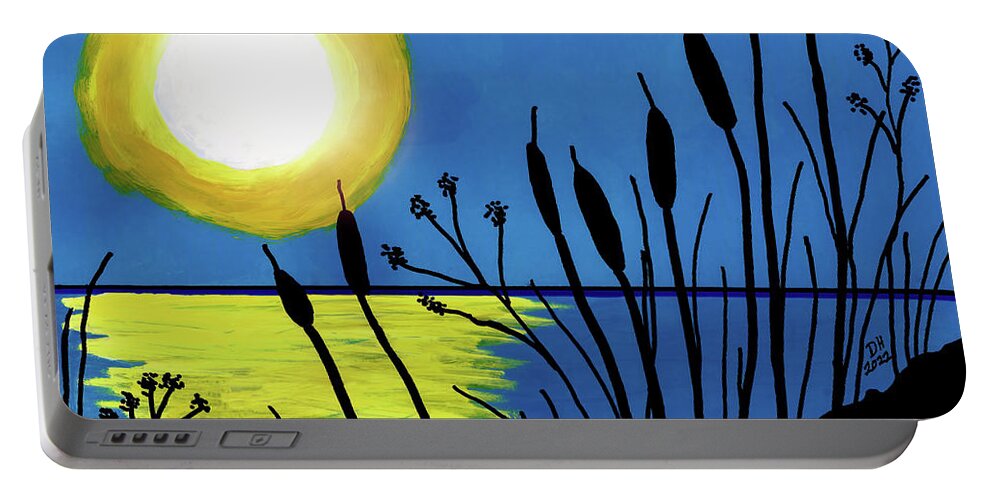 Moon Portable Battery Charger featuring the painting Cattails In The Moonlight by D Hackett