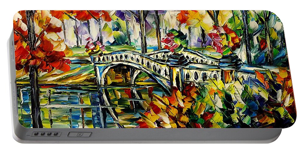 Colorful Cityscape Portable Battery Charger featuring the painting Central Park, Bow Bridge by Mirek Kuzniar