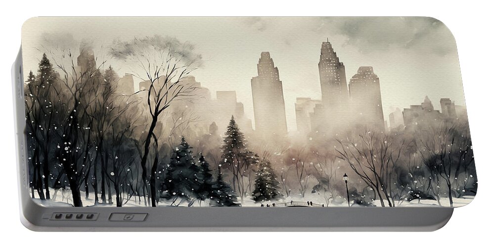 Winter Portable Battery Charger featuring the painting Central Park in Winter by Kai Saarto