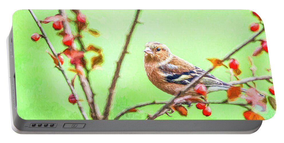 Chaffinch Portable Battery Charger featuring the digital art Chaffinch among haws by Liz Leyden