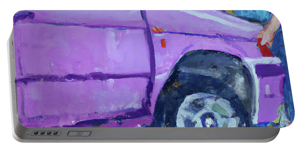 Purple Volkswagen Gulf Portable Battery Charger featuring the digital art Changing the tire of a Volkwagen by Cathy Anderson