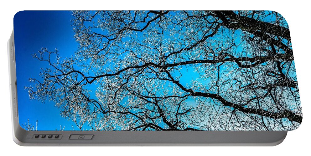 Abstract Portable Battery Charger featuring the photograph Chaotic System Of Ice Covered Tree Branches With Blue Sky by Andreas Berthold