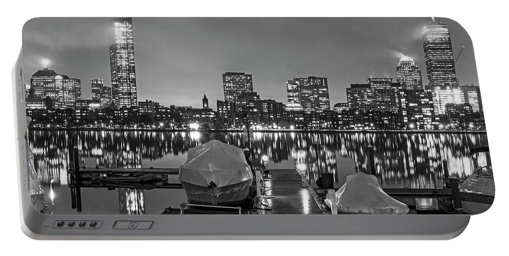 Boston Portable Battery Charger featuring the photograph Charles RIver Rainy Night Clear Reflection Pier Black and White by Toby McGuire